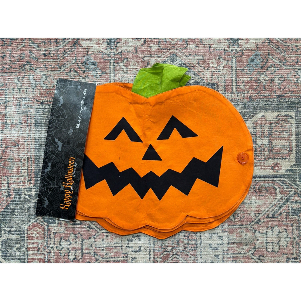 Vintage Halloween Table Runner Pumpkin Black 13"x70"